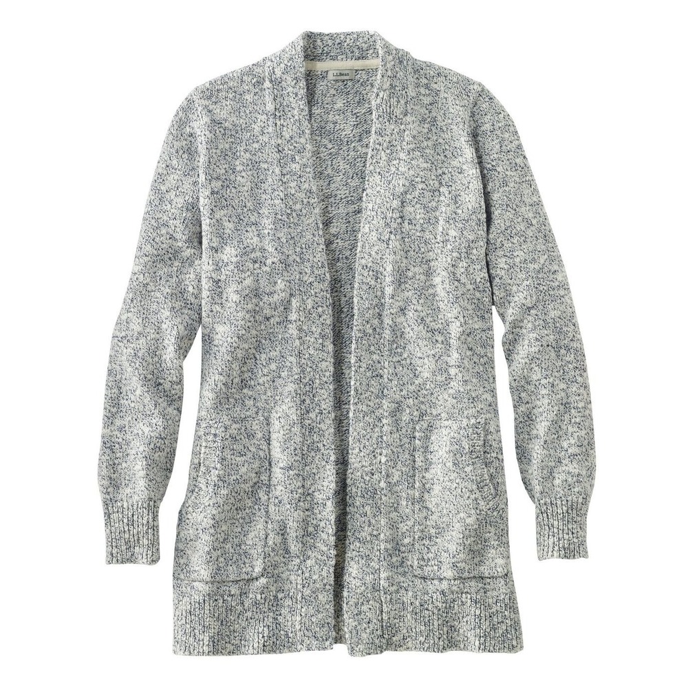 LL Bean‎ Women's Cotton Ragg Sweater, Open Cardigan Size L Gray/Natural #504150